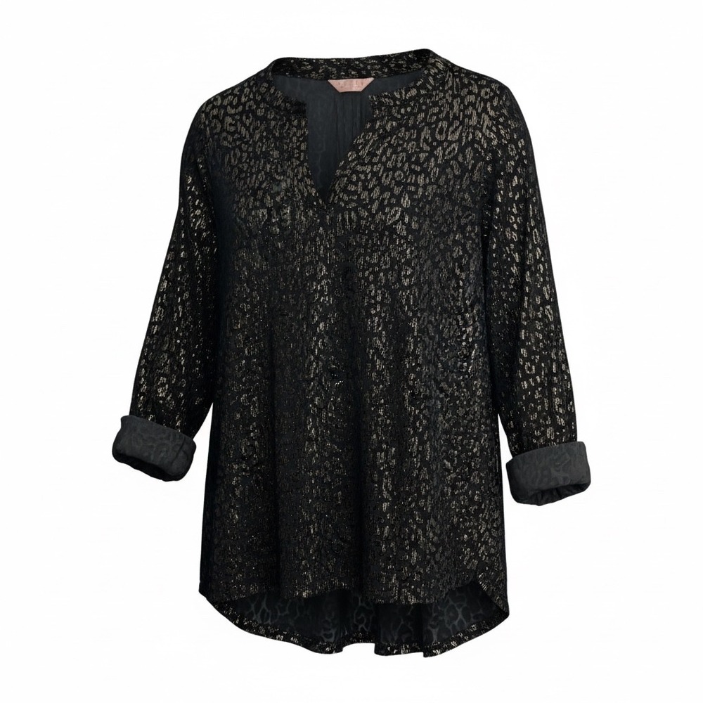 Amana 2X Black Gold Velvet Burnout Leopard Print Blouse 3/4 Sleeve Top